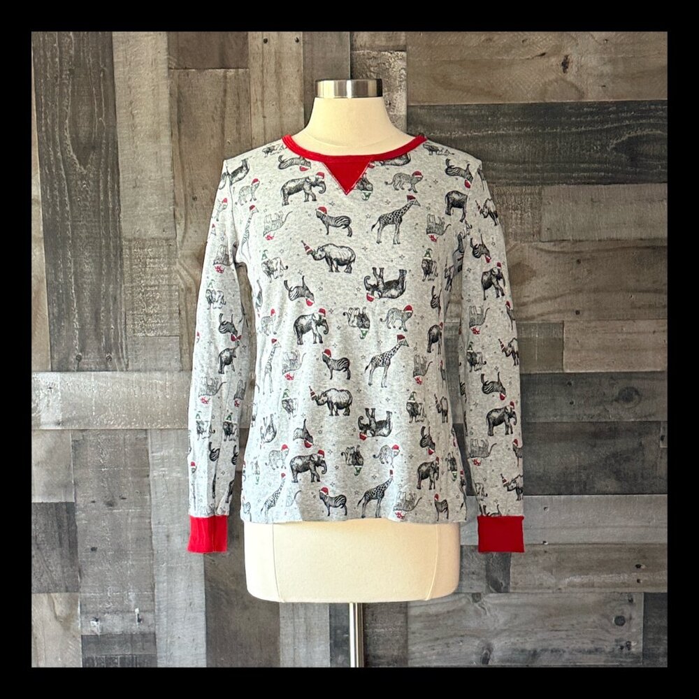 Christmas gray thermal shirt medium animals Santa Elf hats holiday party winter